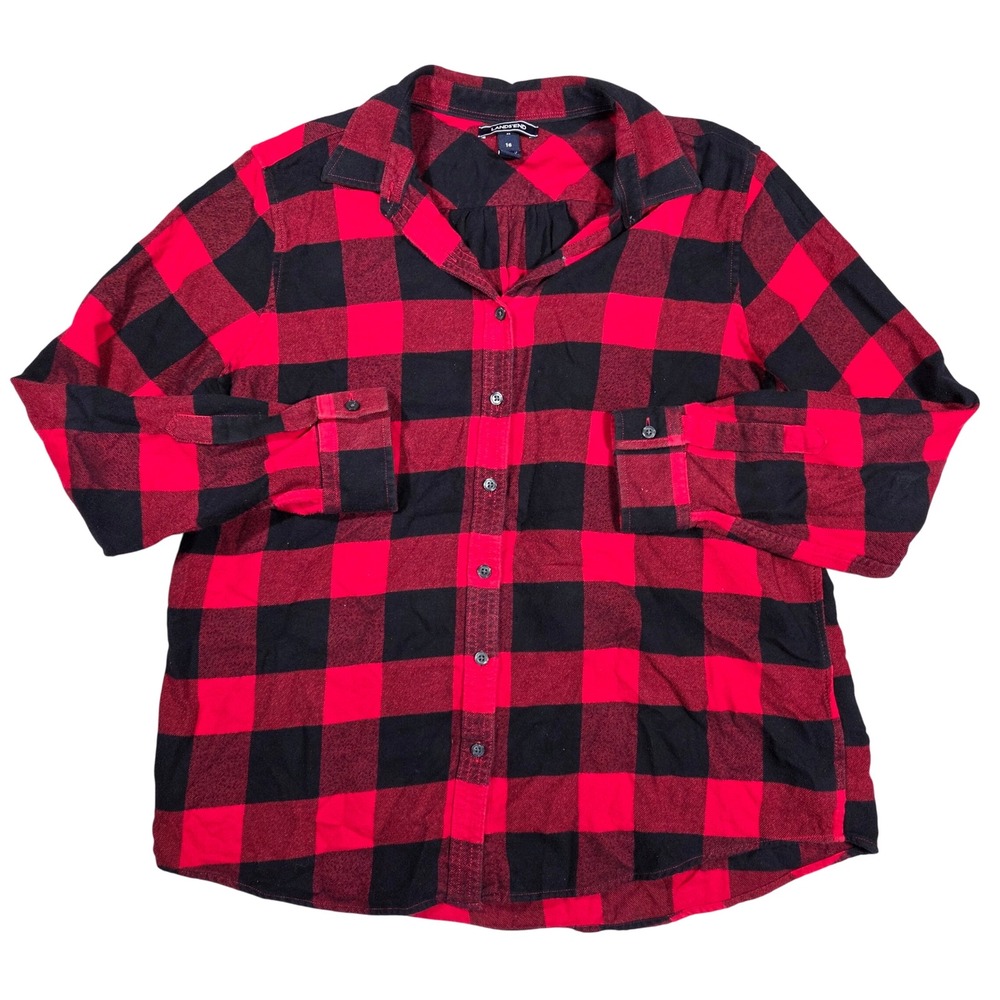 Lands End Womens Red Black Buffalo Check Flannel Button Down Shirt Size 16